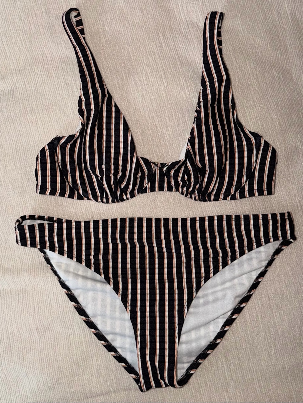 Shade & Shore Black and Beige Striped Underwire Bikini Set Medium 34C Swimsuit